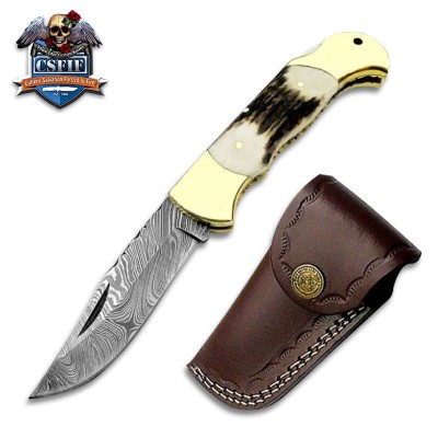 Custom Made Ram Horn Folding Knife with Damascus Steel Blade