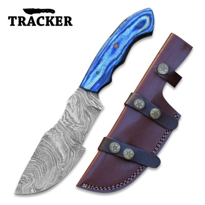 Handmade Damascus Tracker Knife with Wood Handle & Sheath