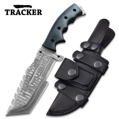 Handmade Damascus Tracker Knife with G10 Handle & Sheath