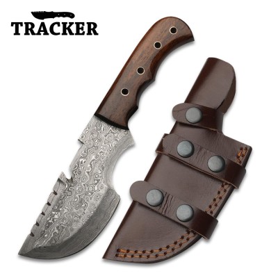 Hand-Forged Damascus Tracker Knife with Rosewood & Sheath