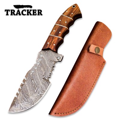 Handmade Damascus Tracker Knife with Rosewood & Sheath