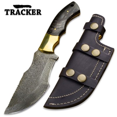 Handmade Damascus Tracker Knife with Buffalo Horn & Sheath