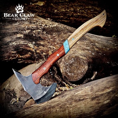 Handmade forged bushcraft axe with turquoise wood handle