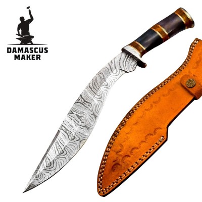 Handmade Damascus Kukri Knife with Leather Sheath