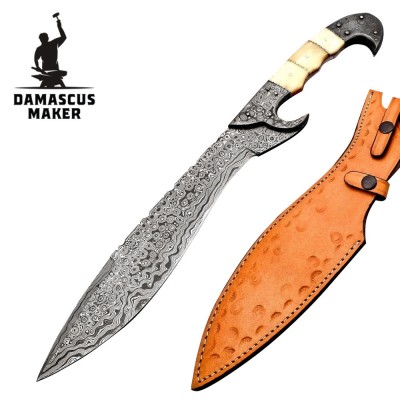 Damascus Kukri Knife with Full Tang Wood Handle & Sheath