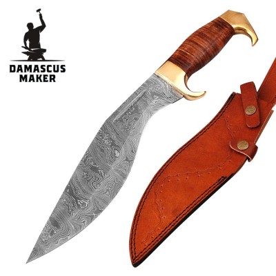 Damascus Steel Kukri Knife with Brass Guard & Sheath