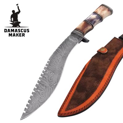 Damascus Kukri Knife with Burnt Bone Handle & Sheath