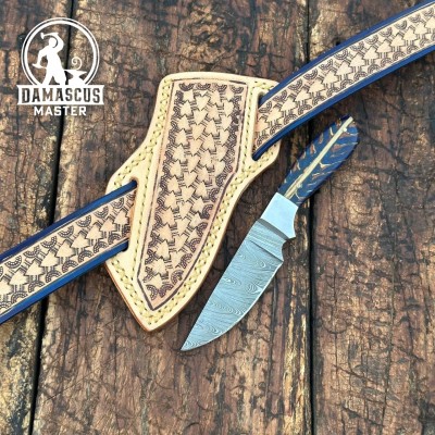 Rio Grande Damascus Hunting Knife – Skinner Blade Handtooled Sheath