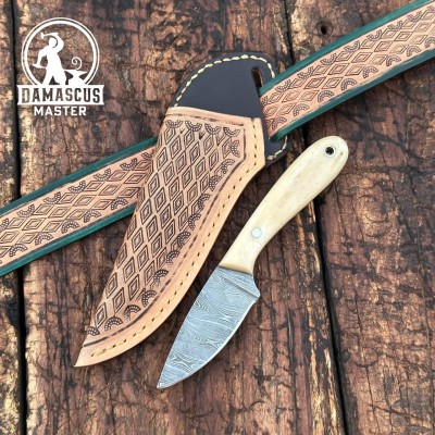 Dakota Damascus Skinner Knife | Handcrafted Hunting Tool wiith Sheath