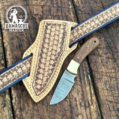 Canyon Damascus Skinner Knife | Hand Tooled Sheath | Outdoor Knife
