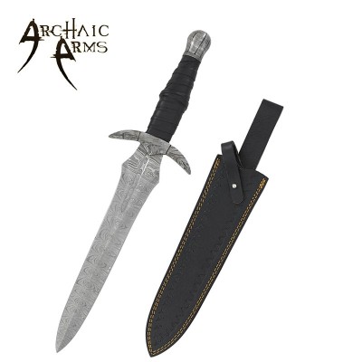 Medieval Damascus Steel Dagger with Leather Handle & Sheath