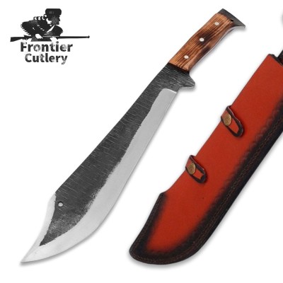 Clip Point Bushcraft Machete – Carbon Steel, Hardwood Handle, Leather