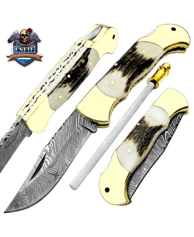 Custom Made Damascus Steel Ram Horn Folding Knife