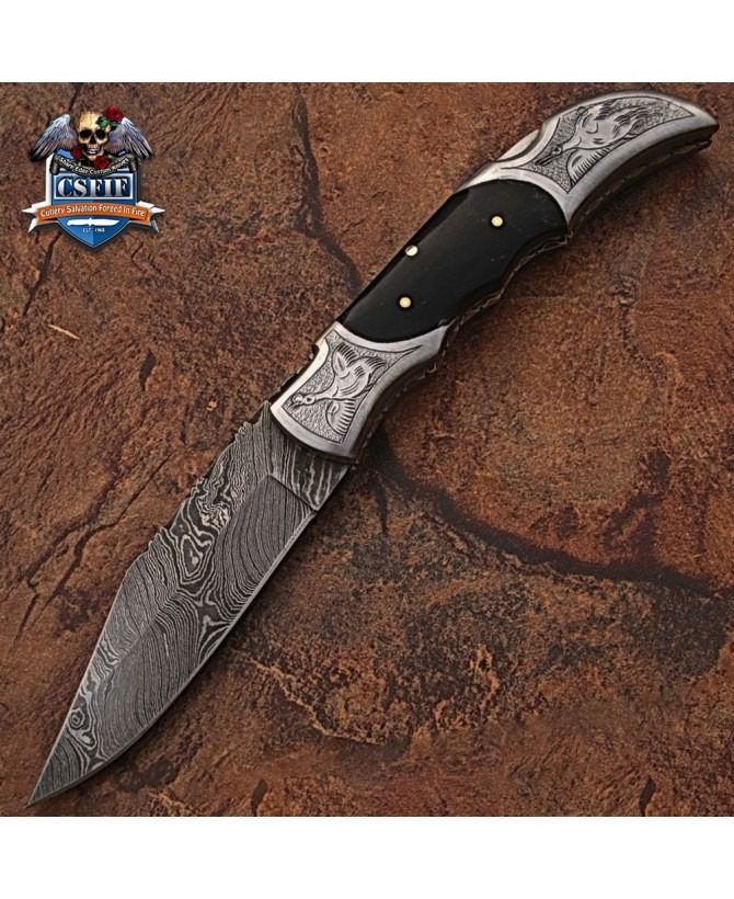 Custom Made Damascus Steel Eye Catching Folding Knife