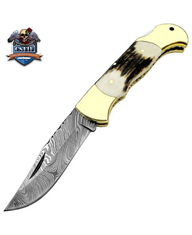 Custom Made Damascus Steel Ram Horn Folding Knife