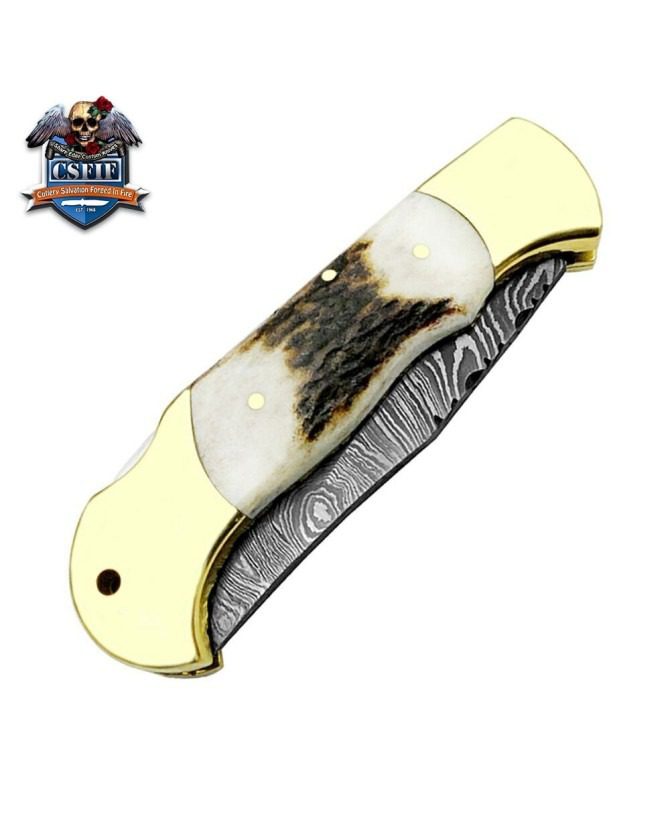 Custom Made Damascus Steel Ram Horn Folding Knife