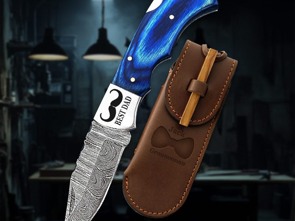 Personalized Engraved Damascus Steel Pocket Knife