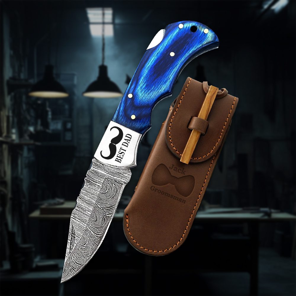 Personalized Engraved Damascus Steel Pocket Knife