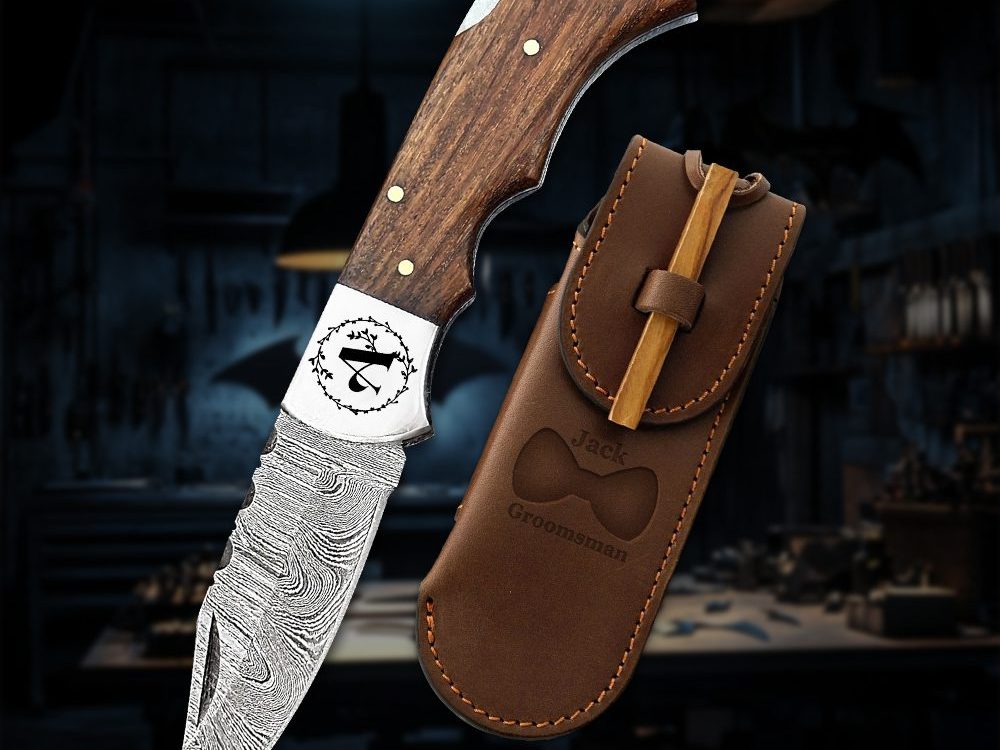 Personalized Engraved Damascus Steel Pocket Knife with Lock Back