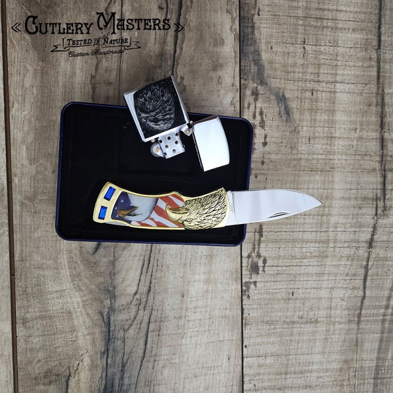 American Flag Eagle Box Knife with Lighter